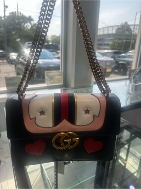 Gucci Black Leather Shoulder Bag with Pink, White, Red and Gold Accents
